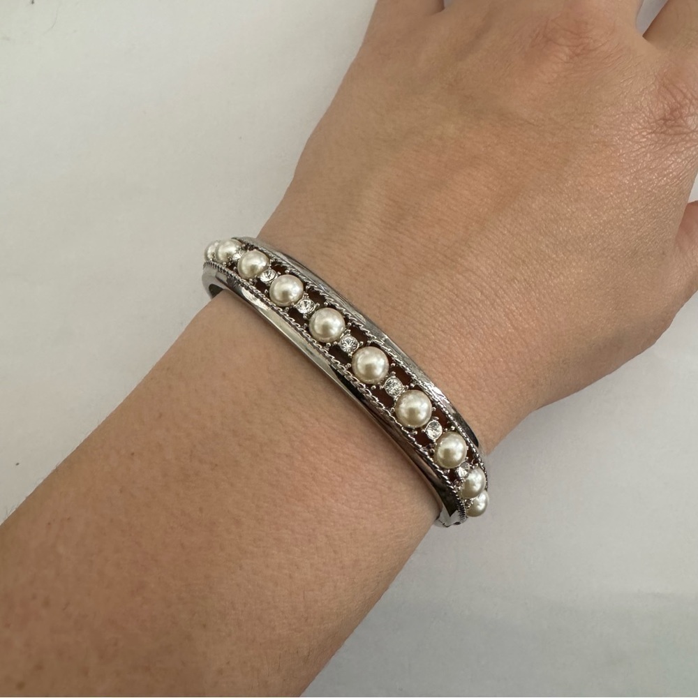 Vintage Camrose Kross Jewelry JBK Crystal and Faux Pearl Hinged Bangle Bracelet